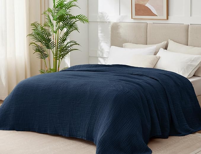 100% Cotton Muslin Blanket Queen 90" x 90", 6 Layers Breathable and Lightweight Cotton Throw Blanket for Bed, Soft Quilt Bedspread Coverlet, Gauze Blanket for Adults All Season, Navy