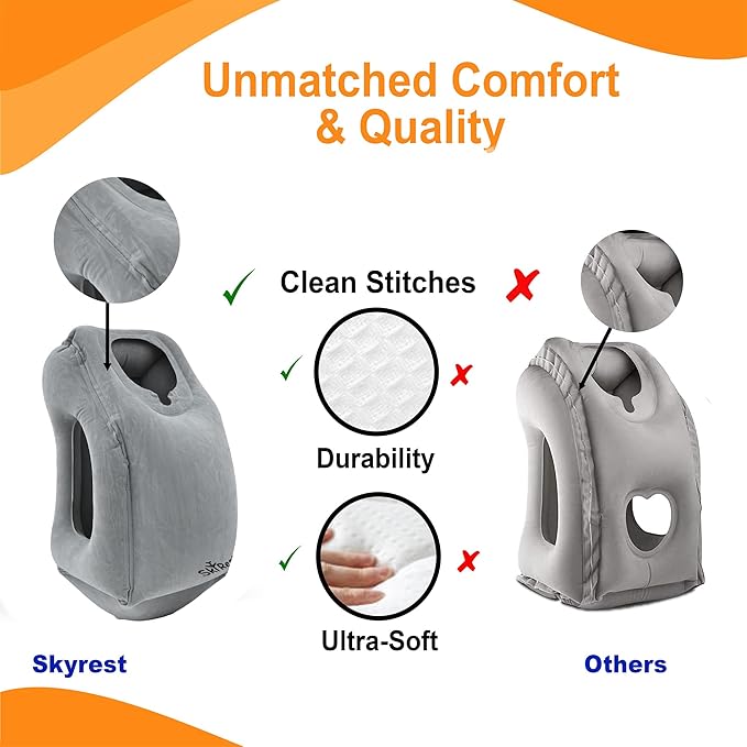 Skyrest®️ Inflatable Travel Pillow for Cars, Air Pillow for Sleeping to Avoid Neck and Shoulder Pain, Comfortably Support Head, Neck and Lumbar, Pillows for Airplanes Buses Cars Office (Grey)