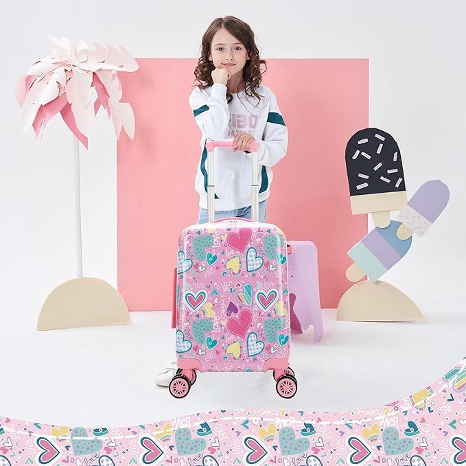 Kid's Luggage Set 16inch 2 Piece Suitcase Set Hardside Luggage with Spinner Wheels Girls Carry on Toddler Travel Rolling Suitcase with Neck Pillow Airline Approved