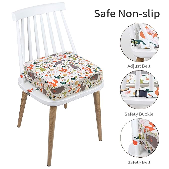 Toddler Booster Seat Dining, Cartoon Canvas Washable 2 Straps Safety Buckle Kids Booster Seat for Dining Table, Portable Travel Increasing Cushion (Animals-White)