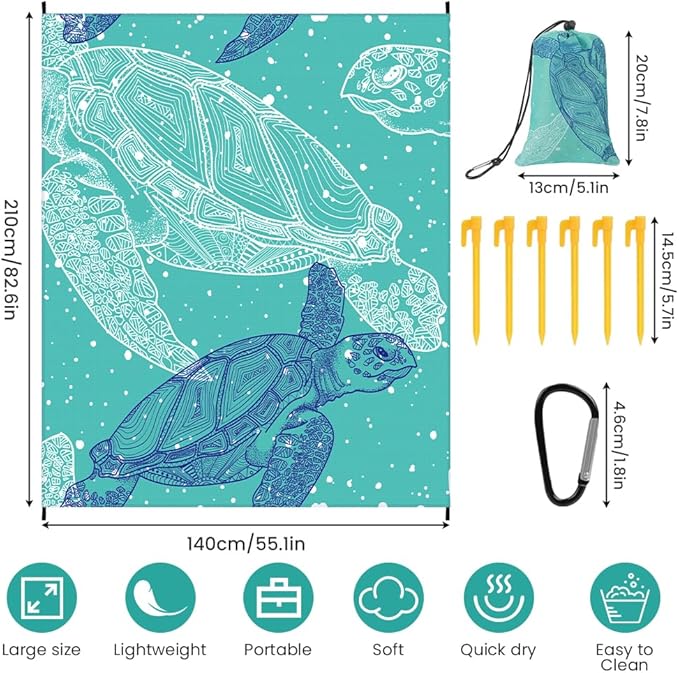 Ainiv Beach Blanket, Large Beach Mat 140 x 210 cm (2-3 People) Foldable, Sandproof Waterproof, Camping Outdoor Blanket with 6 Fixed Nails for Beach, Hiking, Picnic
