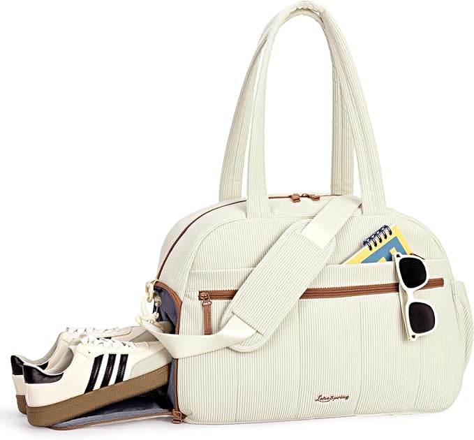Gym Bag for Women, Puffer Travel Duffle Bag With Shoes Compartment & Wet Pocket, Carry On Tote Bag For Weekender, Overnight, Sport duffel bags for traveling (shallow cream-colored, Medium)