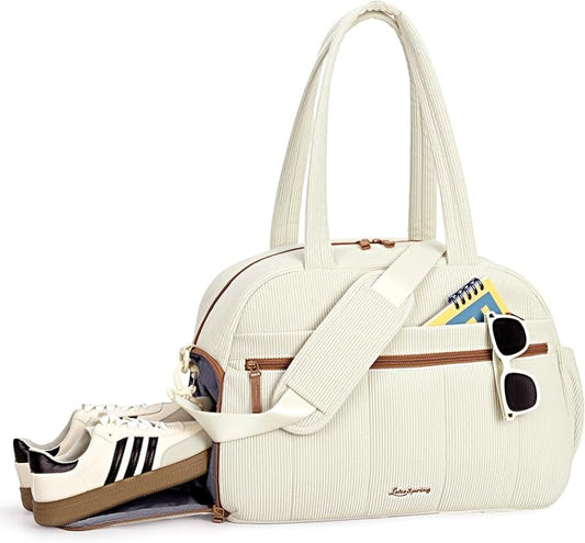 Gym Bag for Women, Puffer Travel Duffle Bag With Shoes Compartment & Wet Pocket, Carry On Tote Bag For Weekender, Overnight, Sport duffel bags for traveling (shallow cream-colored, Medium)