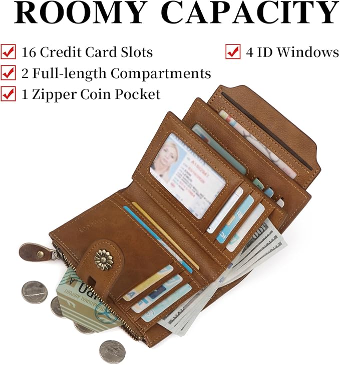 Wallet Women,RFID Blocking Leather Womens Wallet Bifold Compact Card Holder Small Wallet for Women with Removable ID Window zsbrown