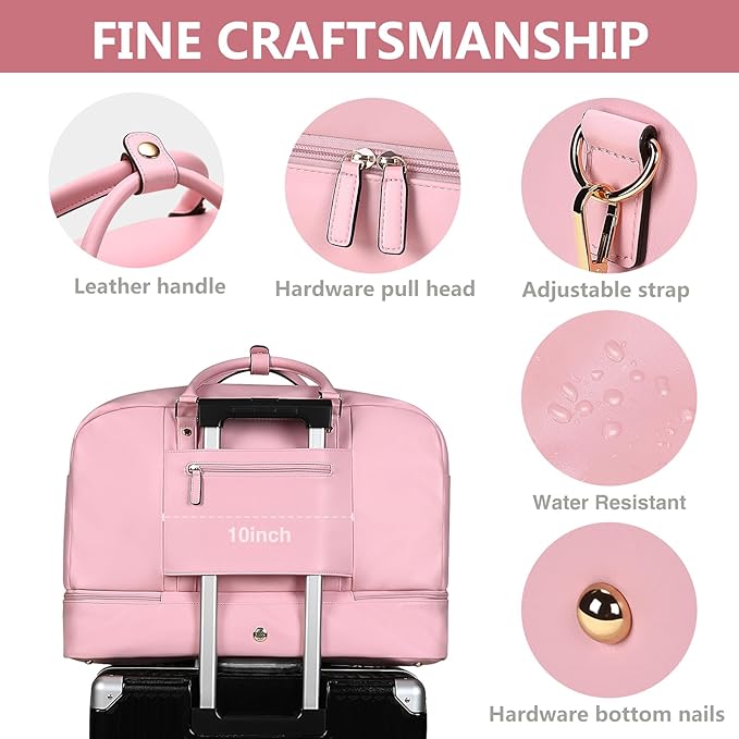 Weekender Bag for Women Men, Large Overnight Bag Faux Leather Travel Duffel Bag with Shoe Compartment Toiletry Packing Cube Carry On Bag Fit 21" Laptop 3Pcs Set (4PCS Pink)