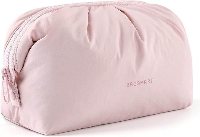 BAGSMART Makeup Bag Travel Toiletry Bag, Cute Make Up Bag, Large Capacity Cosmetic Bags for Women, Wide-open Makeup Pouch Travel Essentials Toiletries Accessories Brushes (Pink)