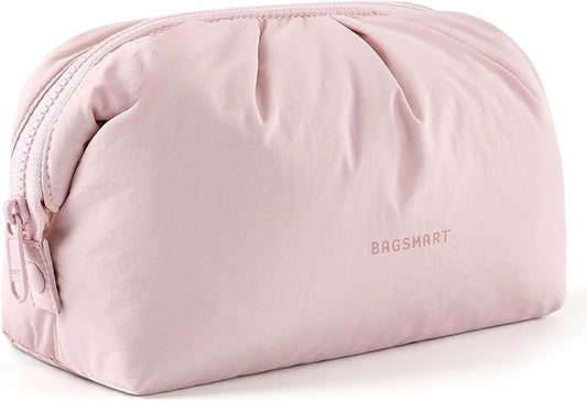 BAGSMART Makeup Bag Travel Toiletry Bag, Cute Make Up Bag, Large Capacity Cosmetic Bags for Women, Wide-open Makeup Pouch Travel Essentials Toiletries Accessories Brushes (Pink)