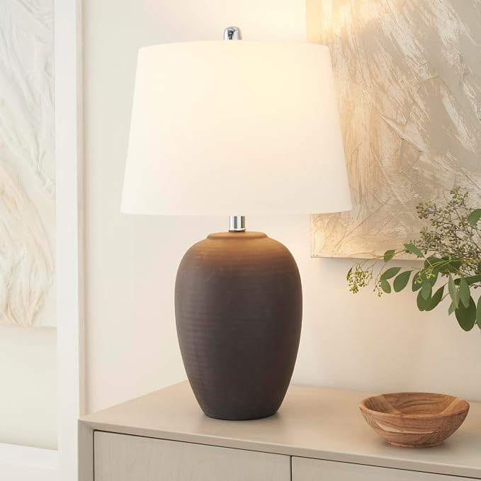 Nourison Home 23" Dark Purple Distressed Ceramic Pot Table Lamp for Bedroom, Living Room, Dining, Office, with White Shade