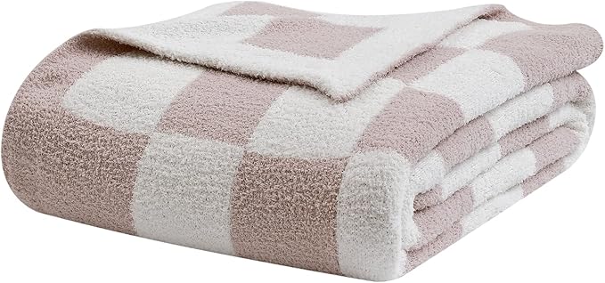 bearberry Fuzzy Checkerboard Grid Throw Blanket Knitted Soft Cozy Warm Microfiber Blanket Decor for Couch Sofa Bed Travel Home (Cream, 40''x50'')