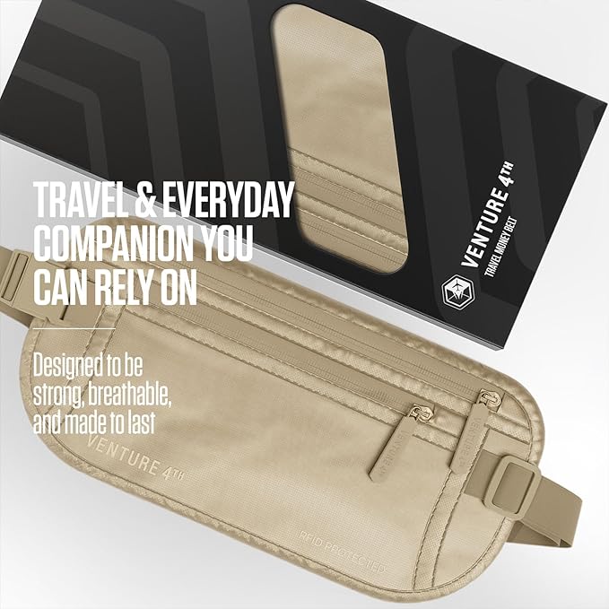 VENTURE 4TH Money Belt for Travel – Hidden Under-Clothes RFID Blocking Passport Holder & Slim Travel Wallet Pouch for Men & Women to Protect Cash, Cards & Documents (Sleek Beige)