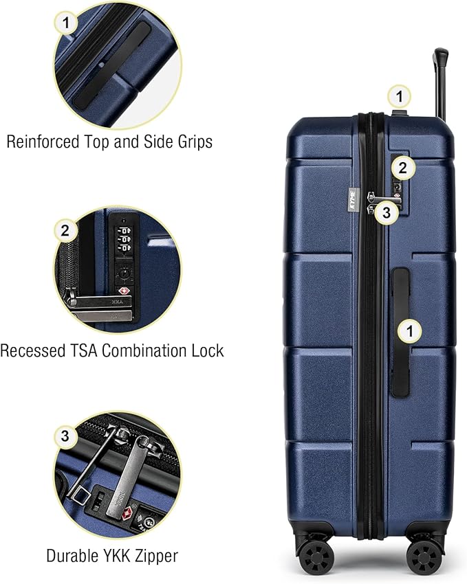 KYME Luggage Sets 3 Piece Hardshell 20"/24"/28" Suitcase with Wheels Hardside Suitcase Set with TSA Lock Large Travel Luggage Set for Women Navy