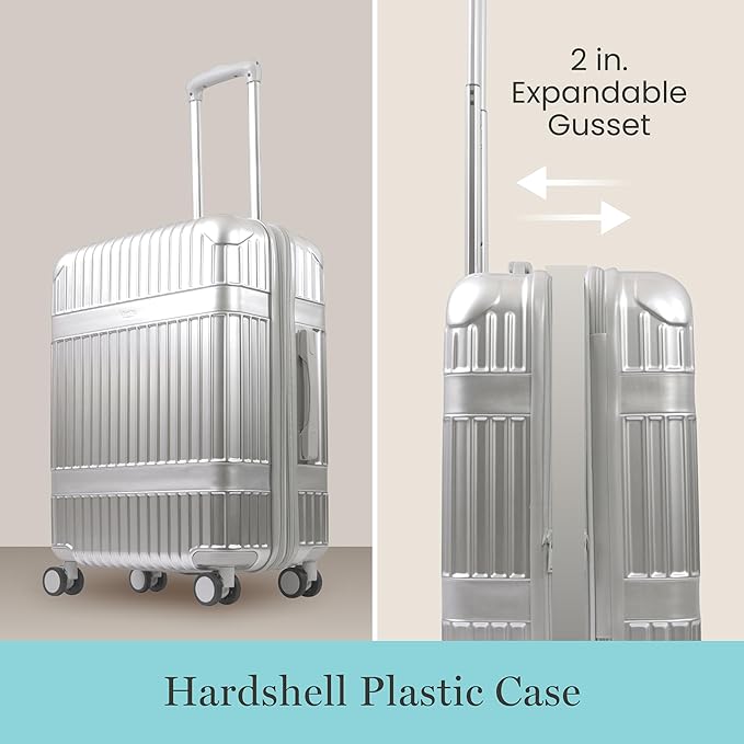 Martha Stewart The Bedford 26 Inch Rolling Luggage, Hardshell Suitcase with Spinner Wheels, Silver