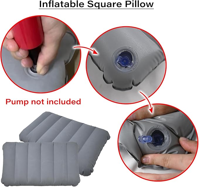 Gray Ultralight Inflatable Pillow Small Squared Flocked Fabric Air Pillow for Beach Hiking,Camping,Traveling,Napping,Desk Rest,Neck &Lumbar Support(1 Pack)