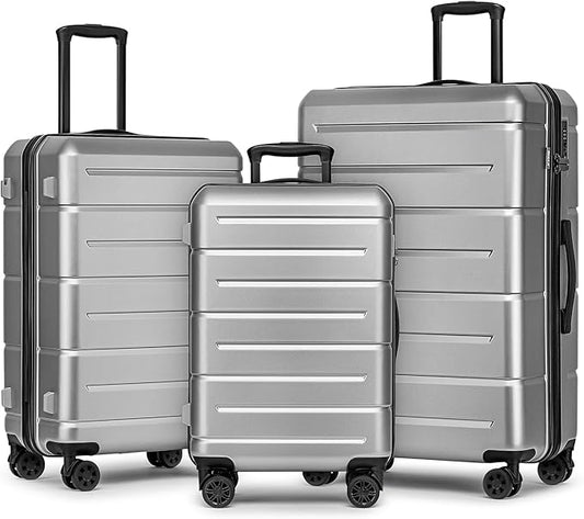 KYME Luggage Sets 3 Piece Hardshell 20"/24"/28" Suitcase with Wheels Hardside Suitcase Set with TSA Lock Large Travel Luggage Set for Women Men Silver Grey