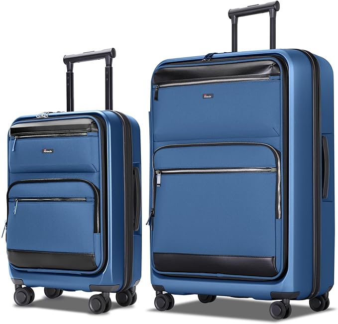 Luggage Sets 2 Piece, Carry On Luggage with Front Pocket & USB Port and 28 Inch Expandable Checked Luggage, Hybrid Soft Front & Hard Shell Suitcases with Spinner Wheels & TSA Lock, Navy Blue