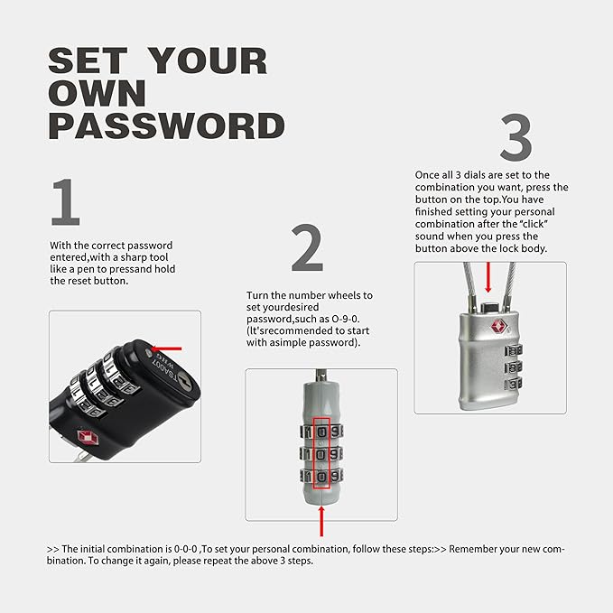 Luggage Locks TSA Approved, Small Padlock Combination with Cable, TSA Locks for Luggage, Combo Padlock with Code, for Travel Suitcase, Gym Locker, Gun Case, Backpack Zipper (Black+Silver)