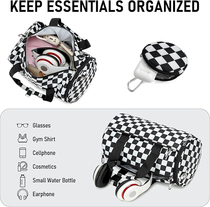 Mini Gym Bag for Women Girls Cute Small Duffle Bag 12'' with Multifunctional Pockets Workout Sport Bags Dance,Fitness,Yoga (Balck-white checkered)