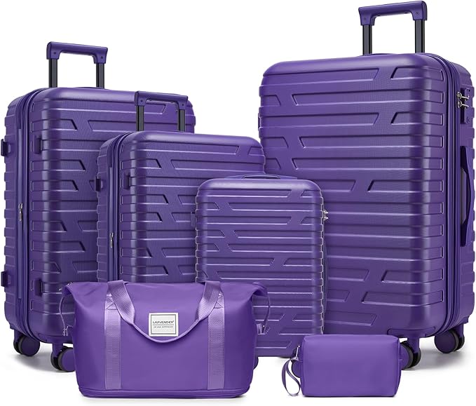 Purple 6 Piece Luggage Set Hard Shell - Expandable Suitcases with Spinner Wheels and Duffel Bags for Family Travel, Durable Carry On Luggage Sets with Lock for Women and Men