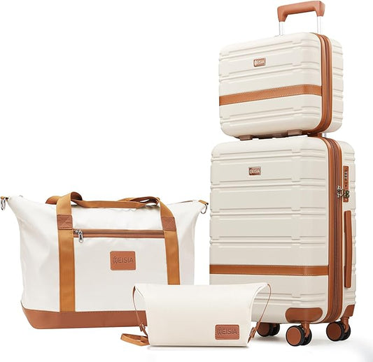 Luggage Sets with spinner wheels, PC+ABS Hard Shell Travel Luggage,Lightweight Carry-on suitcases with TSA Lock,YKK Zippers (Beige, 4 Piece Sets(14/20/DB/TB))
