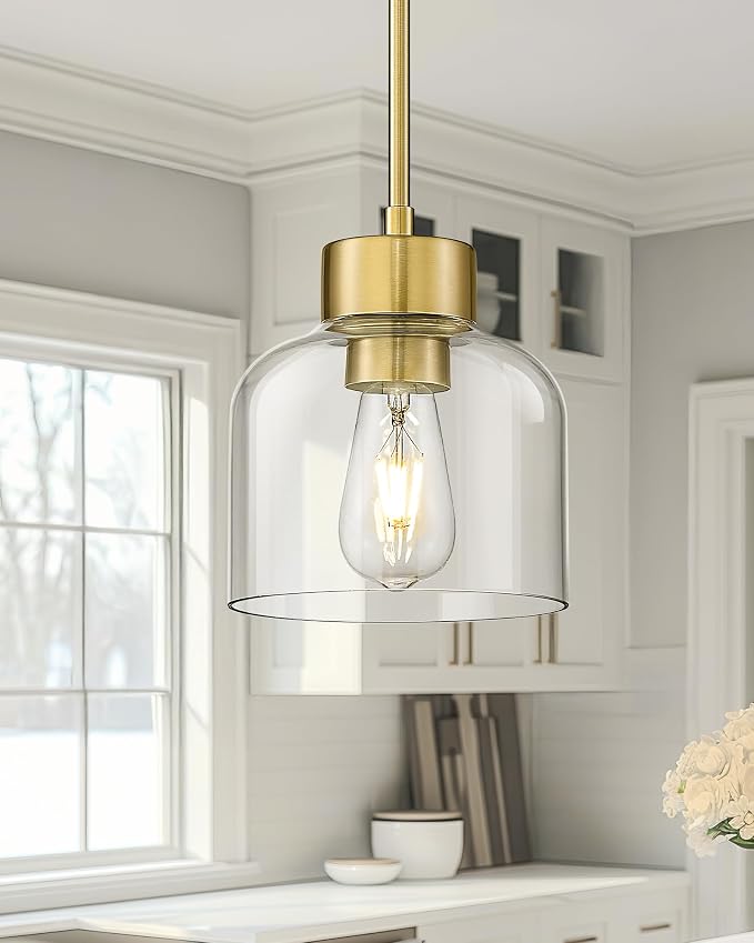 2-Pack Pendant Lights Kitchen Island, 7" Brushed Gold Hanging Lights Fixtures with Clear Glass Shade, Modern Brass Kitchen Pendant Lighting Over Island for Dining Room, AD-24024-1P2-GD