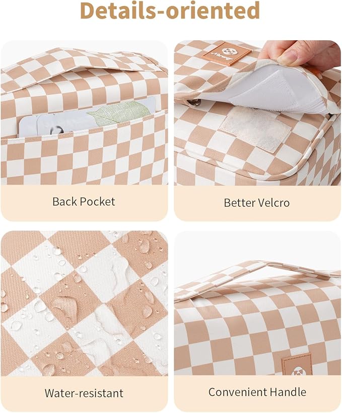 Narwey Small Hanging Travel Toiletry Bag for Traveling Women, Checkered Travel Bag for Toiletries, Makeup Bag Organizer Make Up Cosmetic Bags (Light Brown Checkerboard)