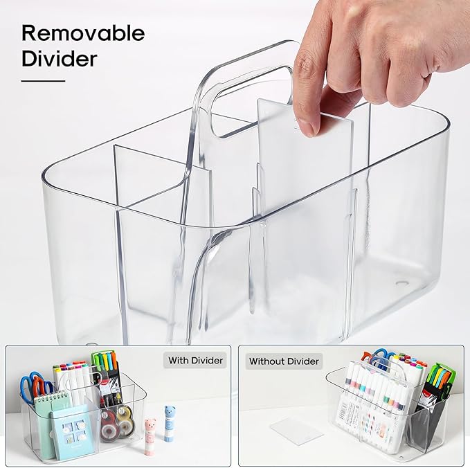 Multiuse Caddy Organizer with Handle, Portable Divided Plastic Tote Bin - Art Craft, Stationary Pen Marker Crayons, Makeup Hair Supplies Storage - Bathroom, Classroom, Dorm, Office, Desk Holder -Clear