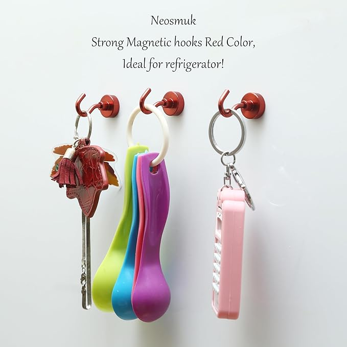 Neosmuk Magnetic Hooks, 30lb+ Heavy Duty Earth Magnets with Hook for Refrigerator, Extra Strong Cruise Hook for Hanging, Magnetic Hanger for Cabins, Grill (Red, Pack of 6)
