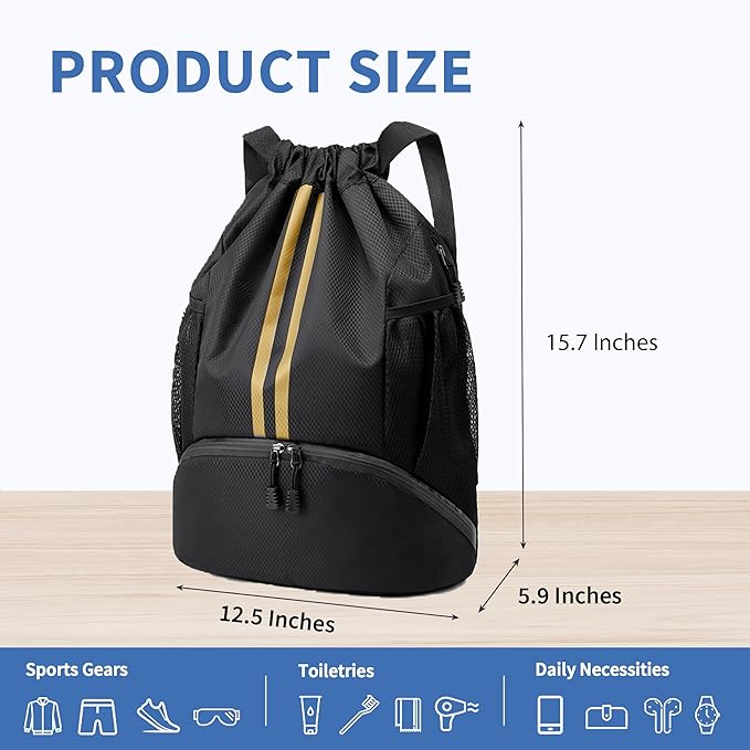 Drawstring Backpack Gym Bag with Shoes Compartment for Soccer, Basketball, Swim, Water-Resistant String Backpack Beach Cinch for Women Men, Black Gold