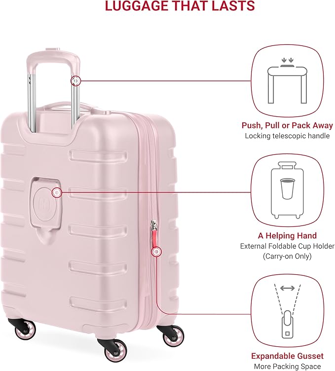 SwissGear 7366 Signature Hardside Expandable Luggage with Spinner Wheels, TSA Lock, Cup-Holder, Pink, Carry-On 19-Inch