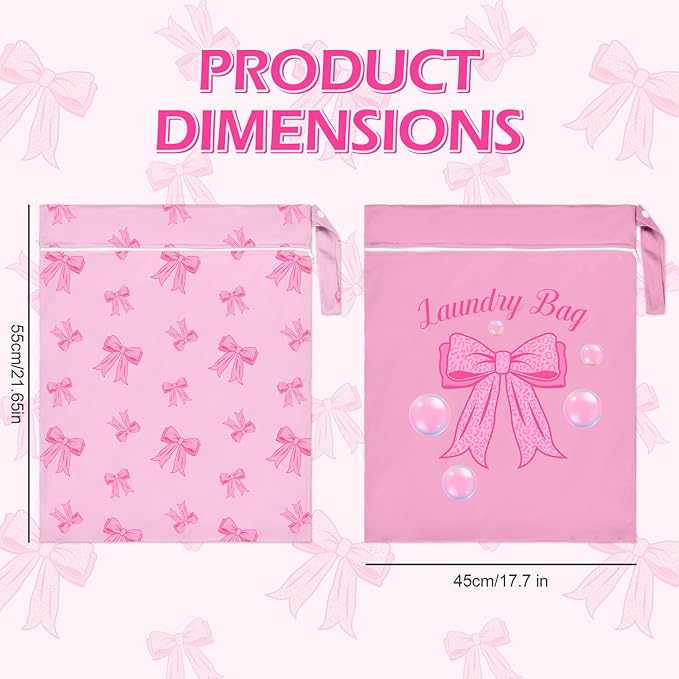 2 Pcs Large Travel Laundry Bags Waterproof Wet Dry Bag, Washable Dirty Clothes Bags for Travel，Drawstring, Bathing Suit, Workout, Gym Clothes Laundry, Swimming Pool & College Dorm, Pink Bow