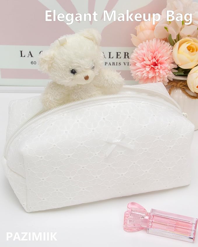 PAZIMIIK Cozy Makeup Bag Small Aesthetic Travel Zipper Cosmetic Pouch for Women Make Up Beauty Accessories Brushes,Embroidery Flower