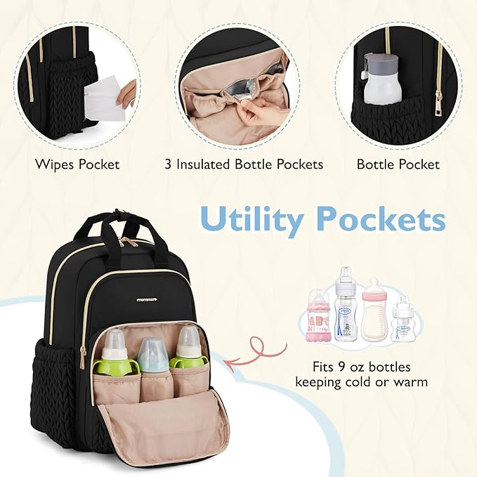 mommore Diaper Bag Backpack, Stylish Travel Baby Bag with Insulated Pockets, Changing Pad and Stroller Straps for Toddler (L-Pink, Large-27L)