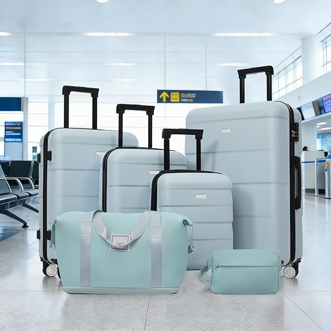 Light Blue 6 Piece Luggage Set Hard Shell - Traveling Suitcases with Spinner Wheels and Duffel Bags for Family Travel, Durable Carry On Luggage Sets with Lock for Women and Men