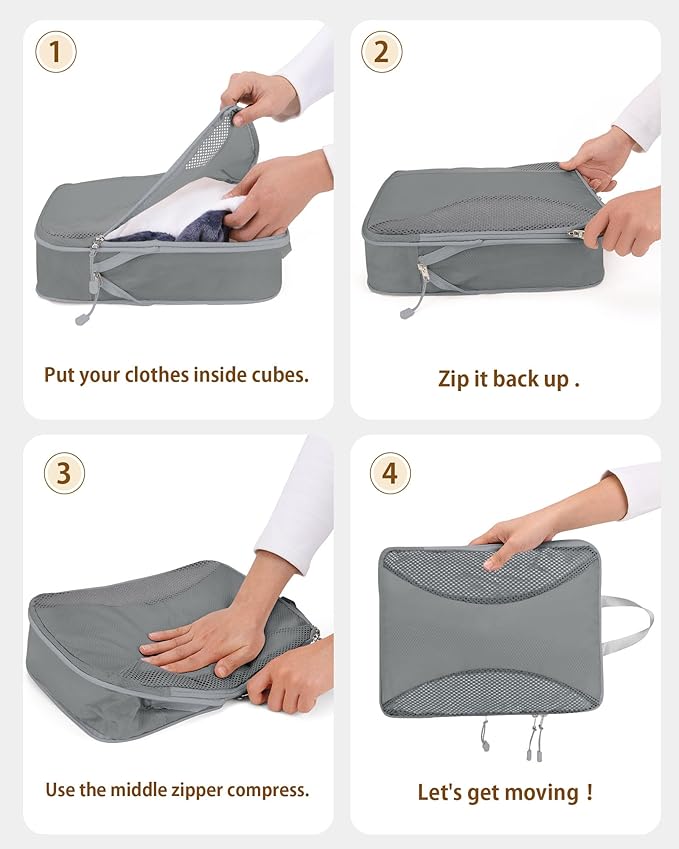 Compression Packing Cubes 8 Sets, Packing Organizers, Extensible Suitcase Organiser Bags, Travel Organizer Cubes for Travel Essentials Grey