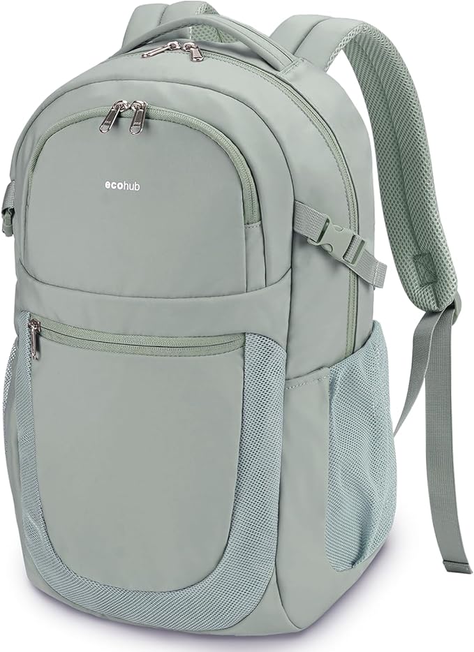 ECOHUB Travel Backpack for Women, 17.3 inch Suspended Laptop Backpack, Fashion Water-Resistant College Computer Bookbag, 28L Personal Item Bag with 12 Pockets for Causal, Work, Green