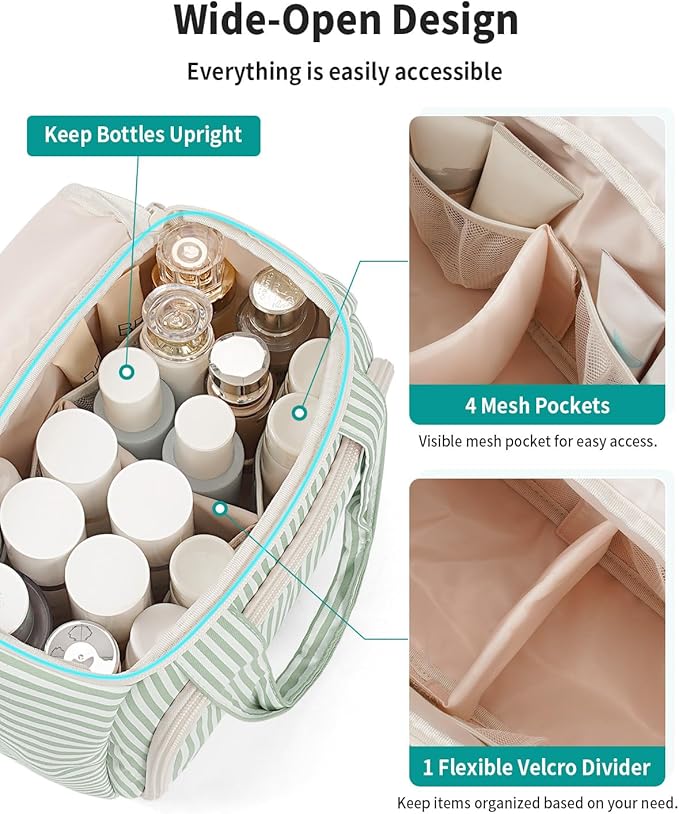 Narwey Striped Travel Toiletry Bag for Women Large Makeup Bag, Wide-open Cosmetic Make Up Organizer with Handle, Travel Bag for Toiletries, Essentials, Accessories (Mint Green Stripe)