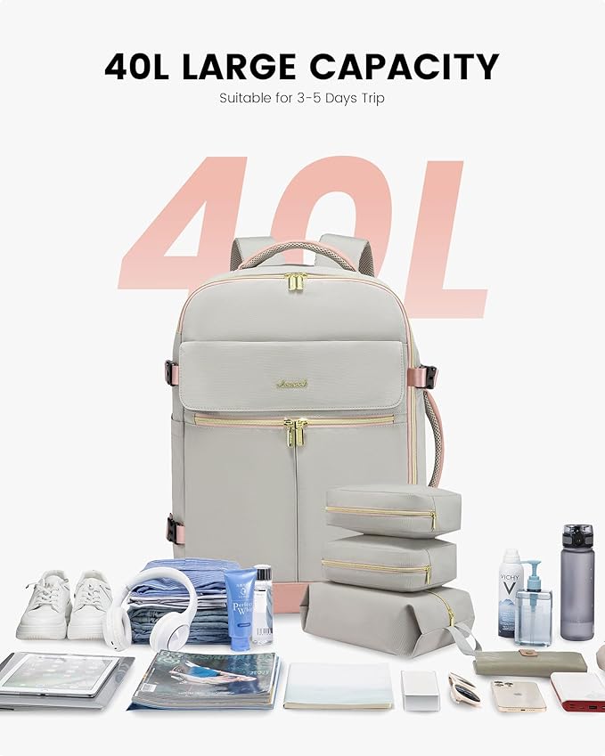 LOVEVOOK Carry On Backpack, 40L Travel Backpack Women with 3 Packing Cubes, TSA Airline Approved Suitcase Bag as Personal Item, Waterproof 17 inch Laptop Backpack for Weekender Overnight,Grey Pink