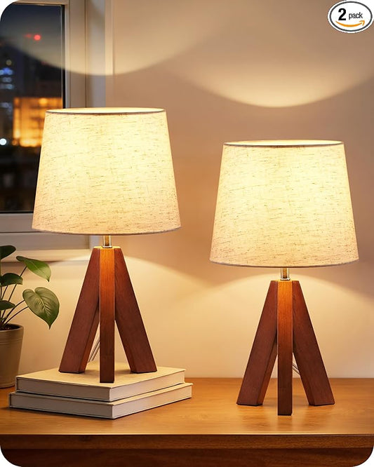 Tripod Table Lamps Set of 2, Small Bedside Lamps, Modern Nightstand Lamp with Dark Pearwood Base & Beige Shade, Boho Desk Light for Bedroom, Kids Room, Living Room, Office, Study, LE51TLP205
