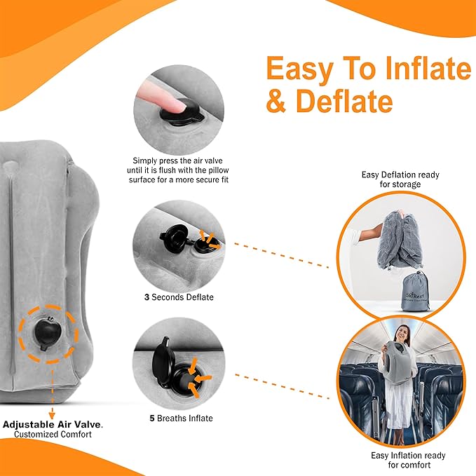 Skyrest®️ Inflatable Travel Pillow for Cars, Air Pillow for Sleeping to Avoid Neck and Shoulder Pain, Comfortably Support Head, Neck and Lumbar, Pillows for Airplanes Buses Cars Office (Grey)