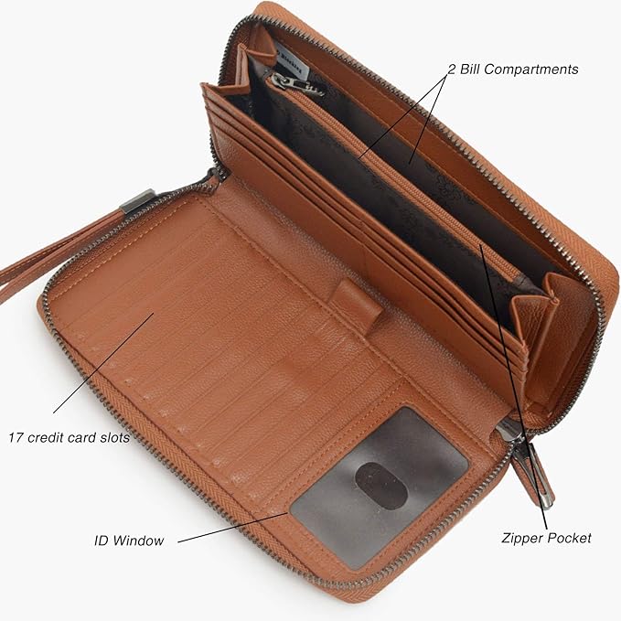 Bveyzi Women RFID Blocking Wallet Leather Zip Around Phone Clutch Large Capacity Ladies Travel Purse Wristlet | RFID Blocking, Zip Around, Large Capacity