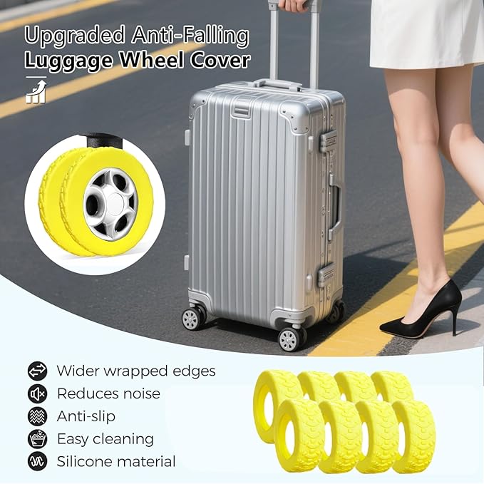 Luggage Wheel Covers, Luggage Wheel Protector Covers for 2-2.4 inches Wheels Suitcases，Anti-Scratch & Noise Reduction Design, Silicone MaterialDurable Travel Case Accessories (8, Yellow)
