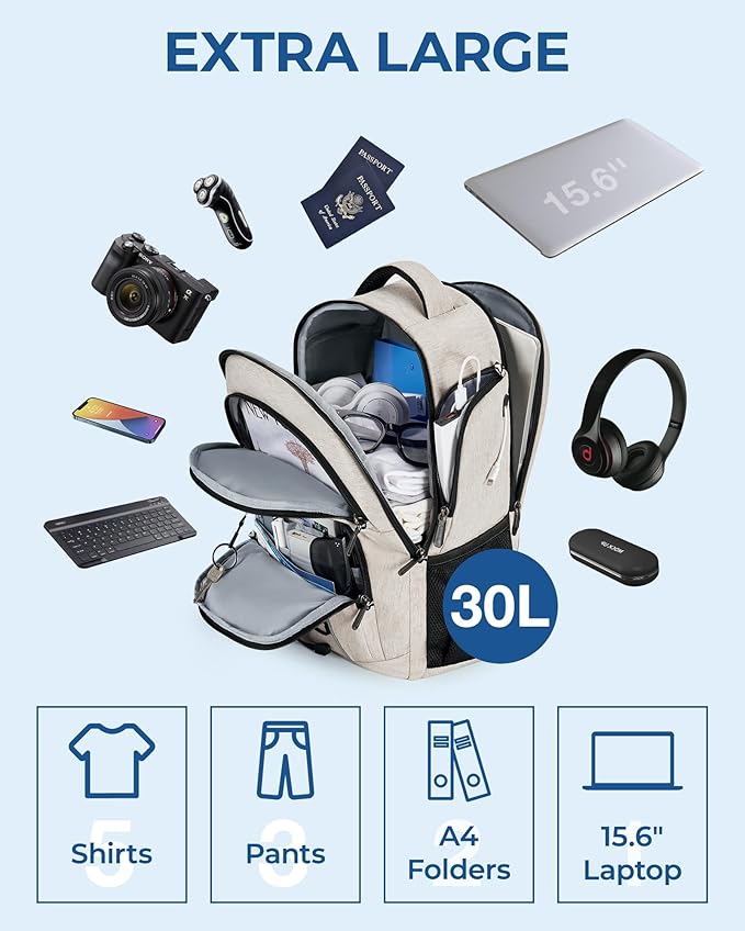BAGSMART Unisex Laptop Backpack, 15.6-inch Anti-Theft, Water Resistant, with USB Charger Hole, Beige