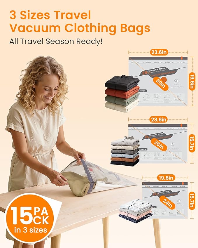 Vacuum Seal Bags for Clothing Travel with Rechargeable Cordless Pump, 15 Pack Compression Space Saver Bags for Packing, Luggage and Seasonal Storage