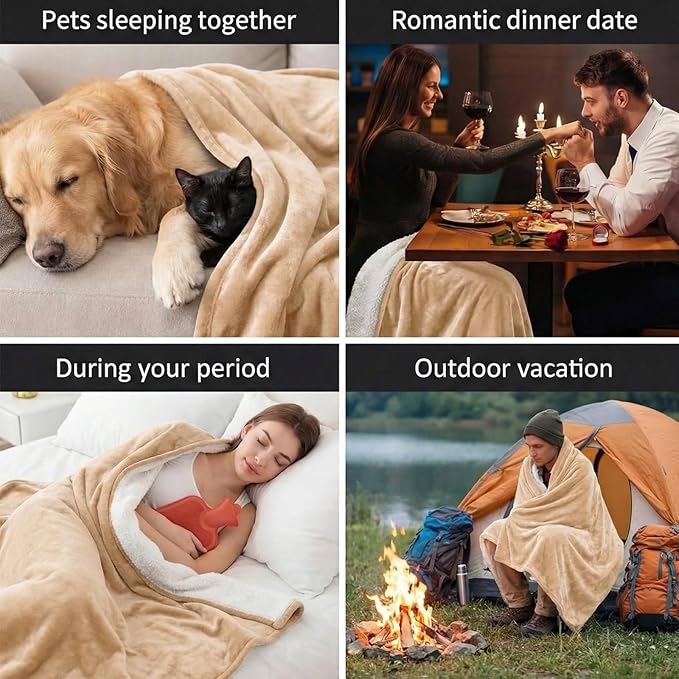 King Size Waterproof Blanket for Bed Couch, 80'' x 80'' Double Side Leakproof Reversible Sherpa Flannel Fleece 3-Layer Lightweight Blanket, Absorbs 70oz(Beige/White), Machine Washable