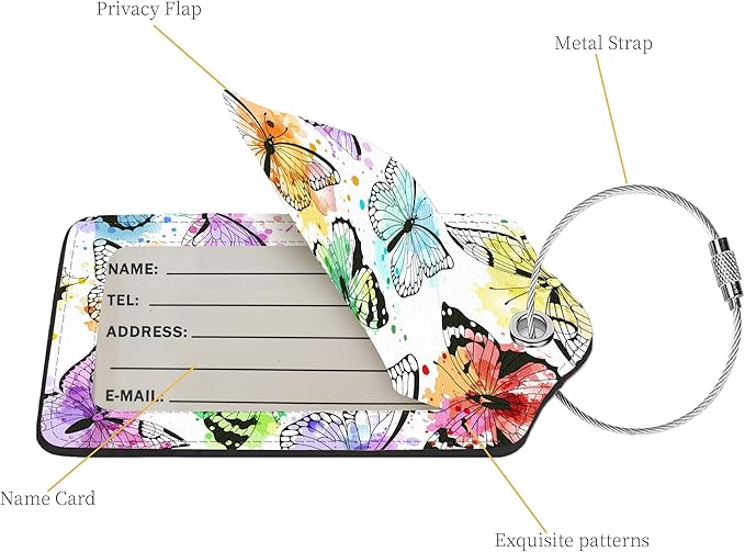 2 Pcs Luggage Tags for Suitcase, Cute Unique PU Leather Travel Bag Tag with Privacy Cover ID Label Address Card and Durable Metal Ring Suitable for Men Women Children Backpack,Colored Butterfly A