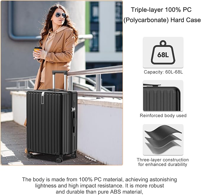 24 Inch Expandable Luggage with Wheels Checked Bag Luggage Hard Shell PC Suitcases Lightweight Travel Checked Luggage Medium Suitcase with Lock for Woman Men Travel
