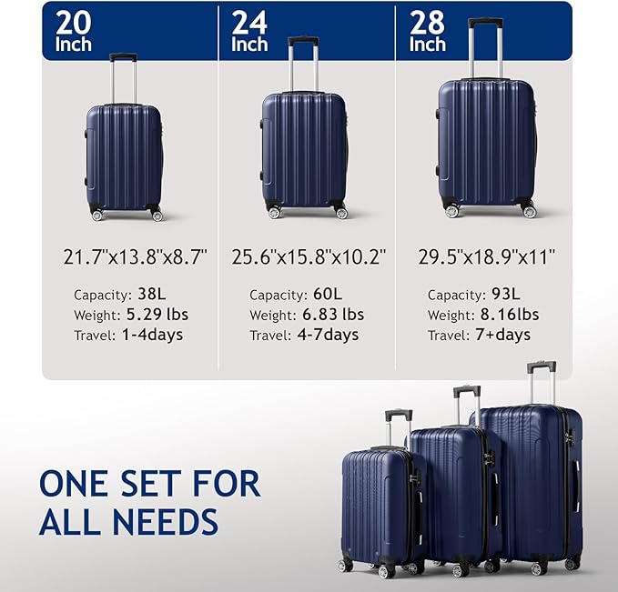 Karl home Luggage Set of 3 Hardside Carry on Suitcase Sets with Spinner Wheels & TSA lock, Portable Lightweight ABS Luggages for Travel, Business - Navy Blue (20/24/28)