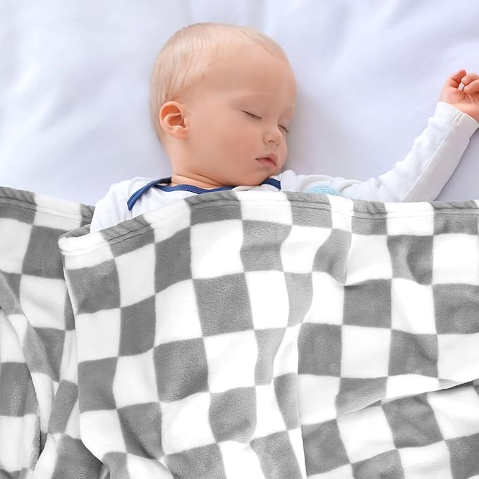 GreatBba Plush Checkered Baby Blanket for Boys Girls Nursery, 30"*40" Warm Short Fleece Blanket Neutral for Infant Newborn, Small Fuzzy for Sleeping, Chenille or Stroller (Gray&White)
