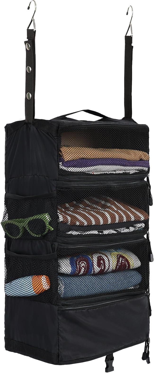 Surblue Travel Hanging Luggage Organizer Portable Suitcase Closet Organizer Multiple Compartments Collapsible Compression Packing Cubes Shelf, Black, S