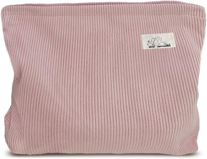 HAPPYHEIDI Large Corduroy Makeup Bag Compartment Cosmetic Toiletry Travel Accessory Pouch Purse Organizer, Soft Creamy Pink